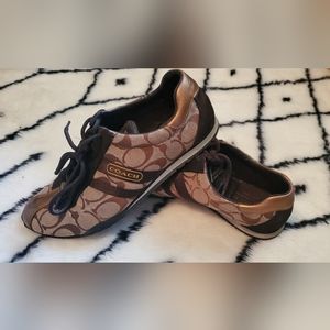 Coach Katelyn Brown Tan  Logo Tennis Sneaker  Shoes Canvas Leather 6.5M